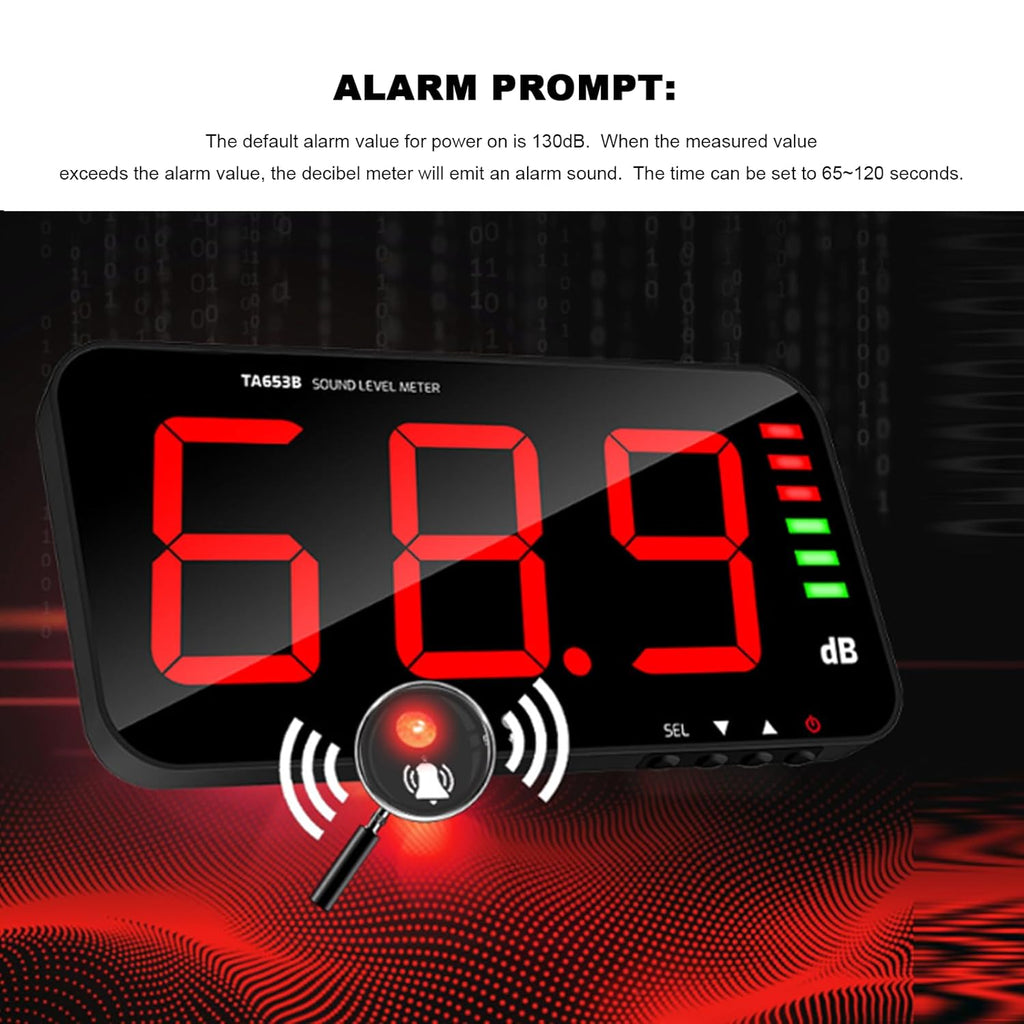 Decibel Meter Sound Alarm Wall Hanging Noise 30-130db Reader Digital Large LCD Display Mounted Temperature Humidity Measuring Level Db Tester TA654B