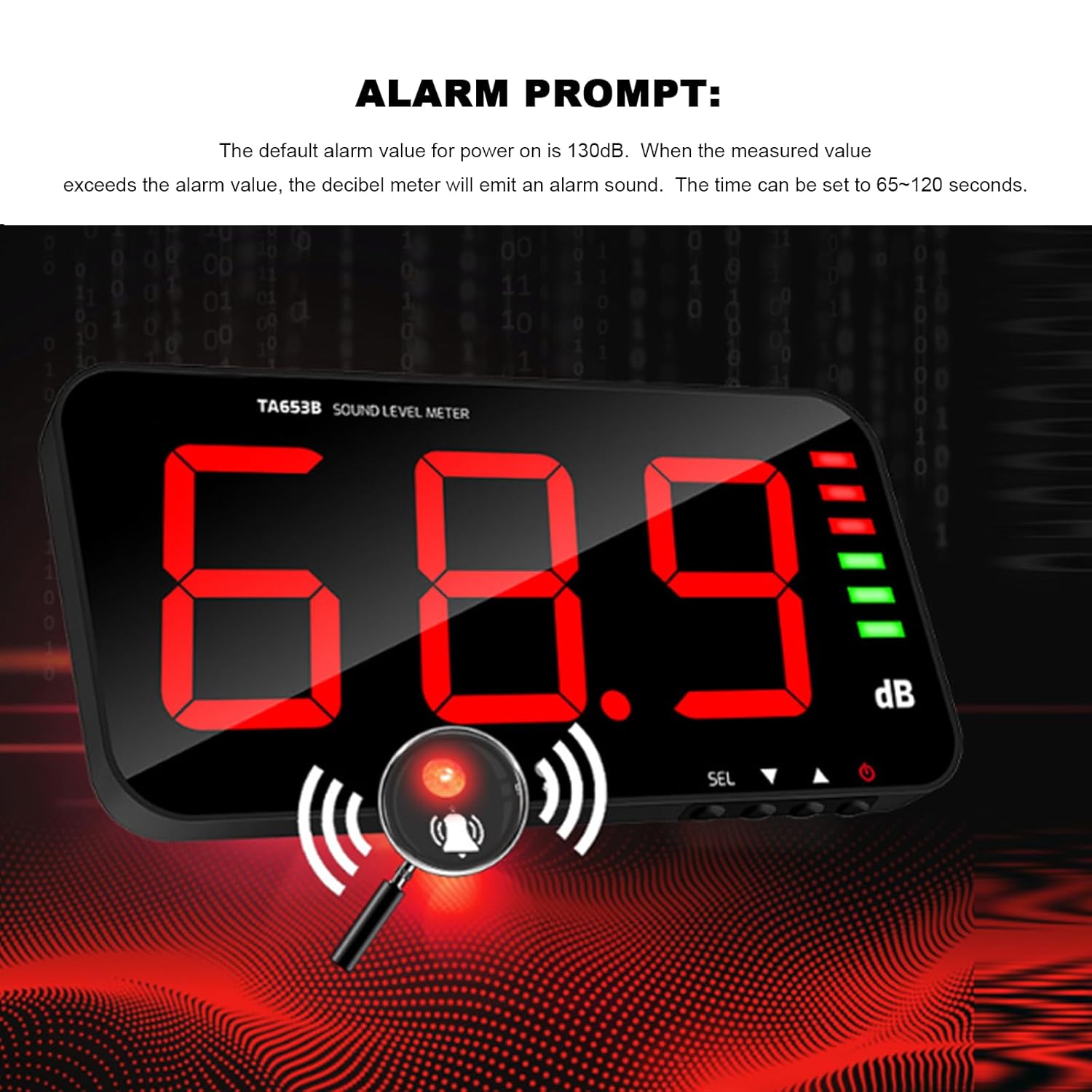 Decibel Meter Sound Alarm Wall Hanging Noise 30-130db Reader Digital Large LCD Display Mounted Temperature Humidity Measuring Level Db Tester TA654B