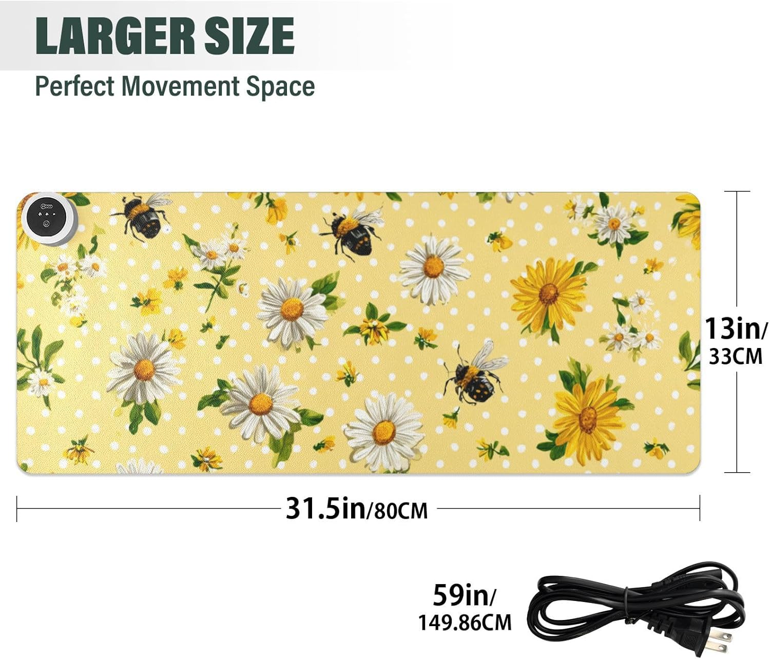 Heated Desk Pad Mouse Pad 31.5x13 Inch PU Leather Desk Mat with 3 Heat Levels Large Mouse Gaming Computer Laptop Mat Yellow Dot Bee and Daisy