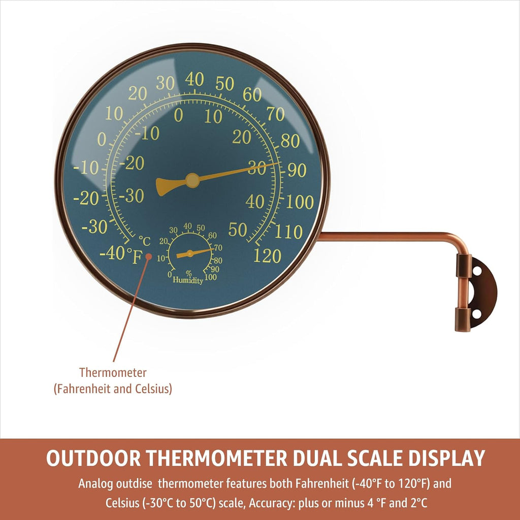 6-Inch Outdoor Thermometer and Humidity Gauge, Window Thermometer for Outside Temperature and Humidity Monitor, Brass Analog Dial, Battery-Free for Patio, Garage, Greenhouse, Garden, Wall