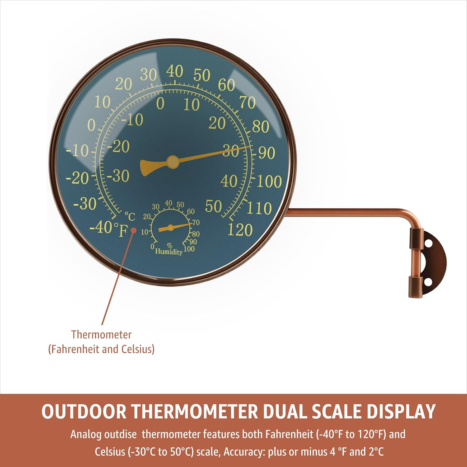 6-Inch Outdoor Thermometer and Humidity Gauge, Window Thermometer for Outside Temperature and Humidity Monitor, Brass Analog Dial, Battery-Free for Patio, Garage, Greenhouse, Garden, Wall