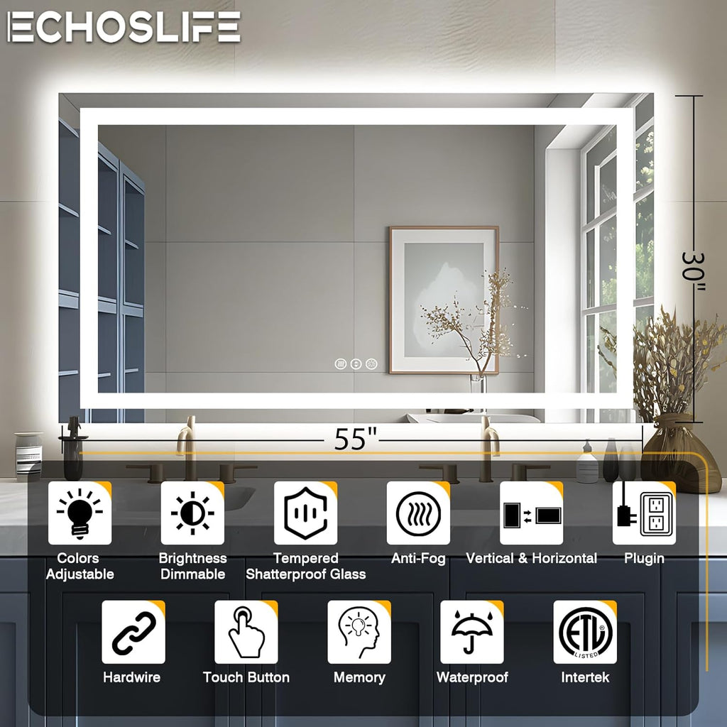 55"x30" LED Bathroom Mirrors for Wall, Front and Backlit Mirror, Anti-Fog Vanity Mirror with Lights, Stepless 3 Colors Dimmable Lighted Mirror(Horizontal/Vertical)