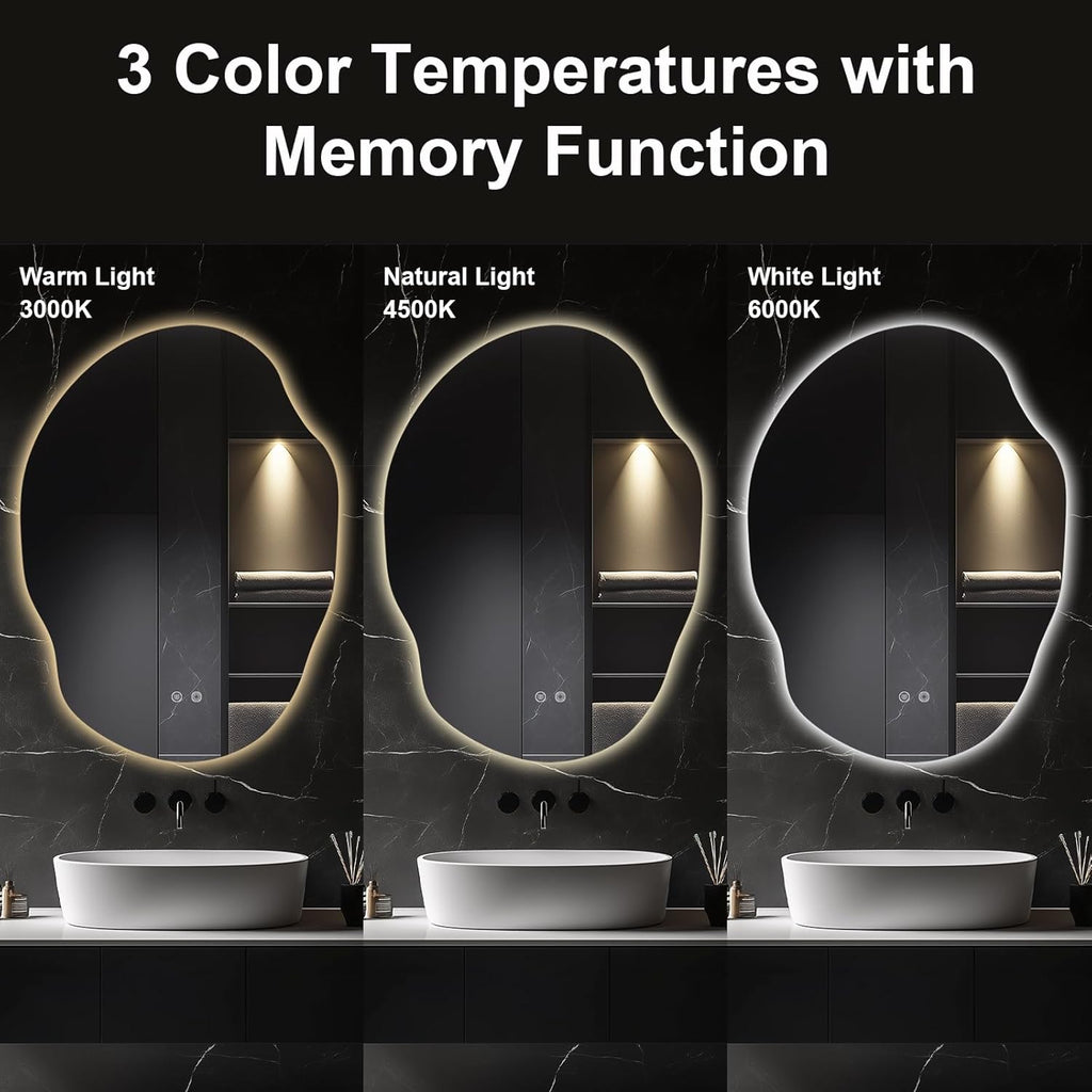 Asymmetrical LED Bathroom Mirror with Lights,Irregular Led Bathroom Vanity Mirror for Wall with Backlit, Anti Fog, 3 Colors and Dimmable Light,[Horizontal/Vertical] 40" H x 30" W