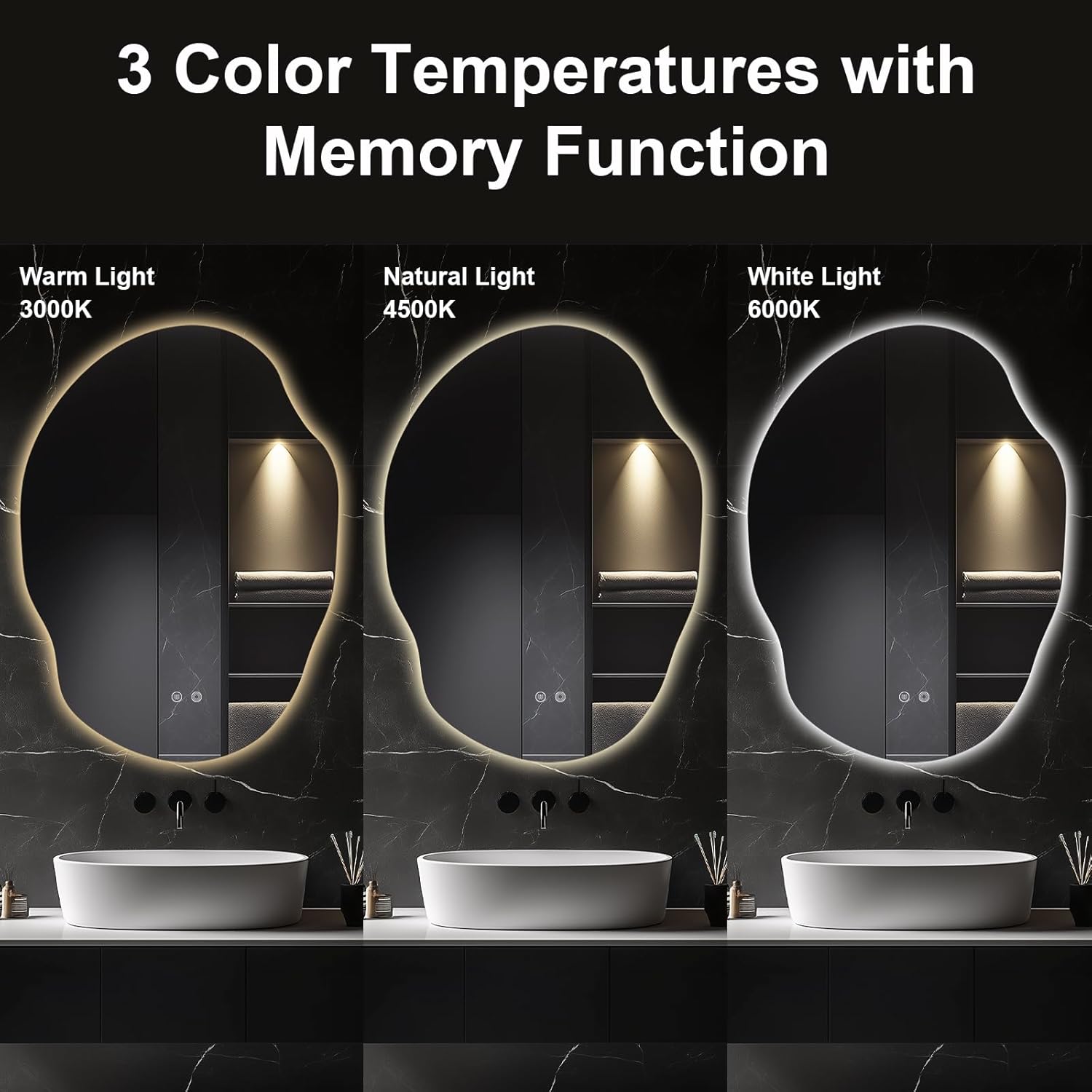 Asymmetrical LED Bathroom Mirror with Lights,Irregular Led Bathroom Vanity Mirror for Wall with Backlit, Anti Fog, 3 Colors and Dimmable Light,[Horizontal/Vertical] 40" H x 30" W