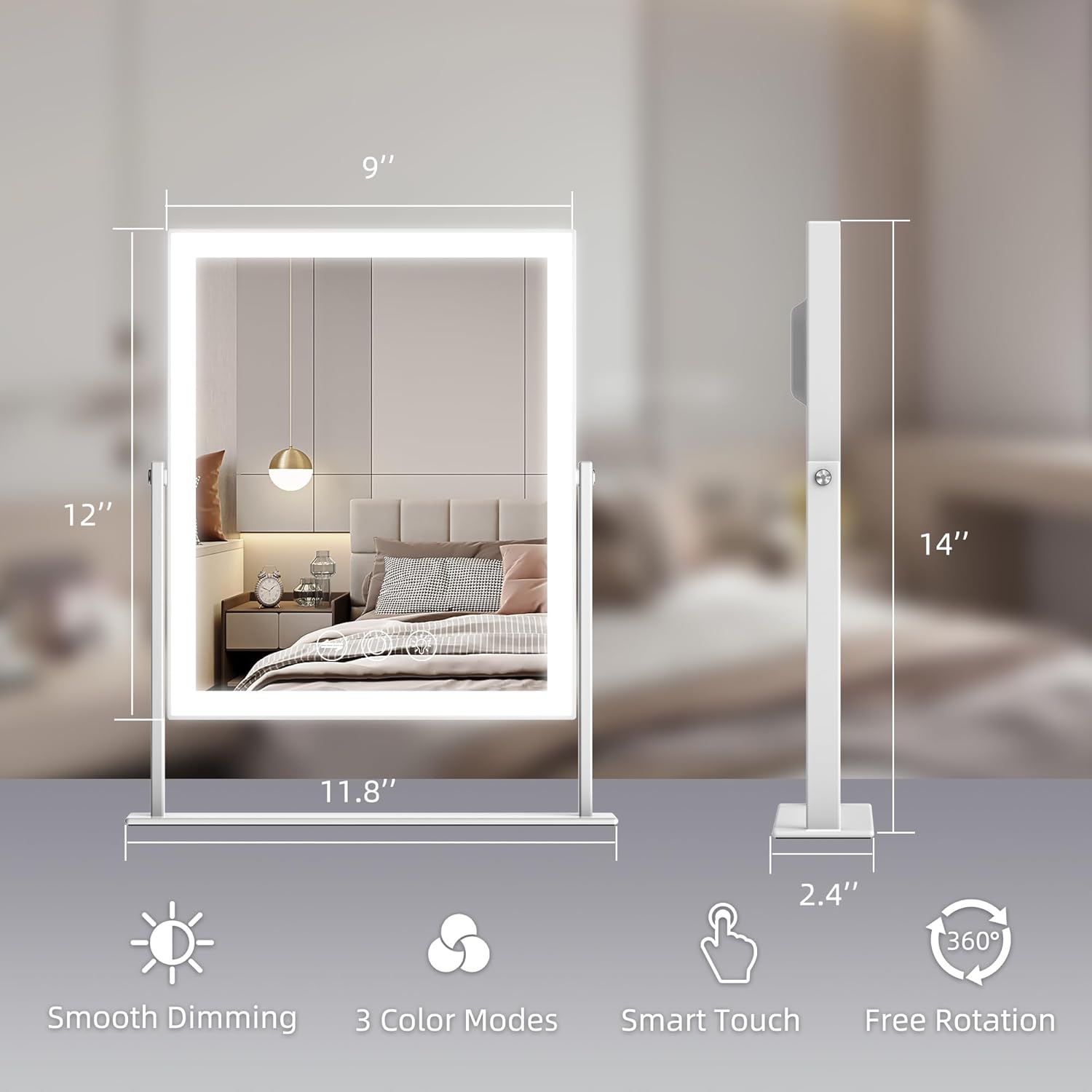 VANITII Vanity Mirror with Lights LED Lighted Makeup Mirror with Magnification 9”x12” Hollywood Mirror 3 Color Lighting 360 Rotation Smart Touch Control for Desktop Dormitory Bedroom