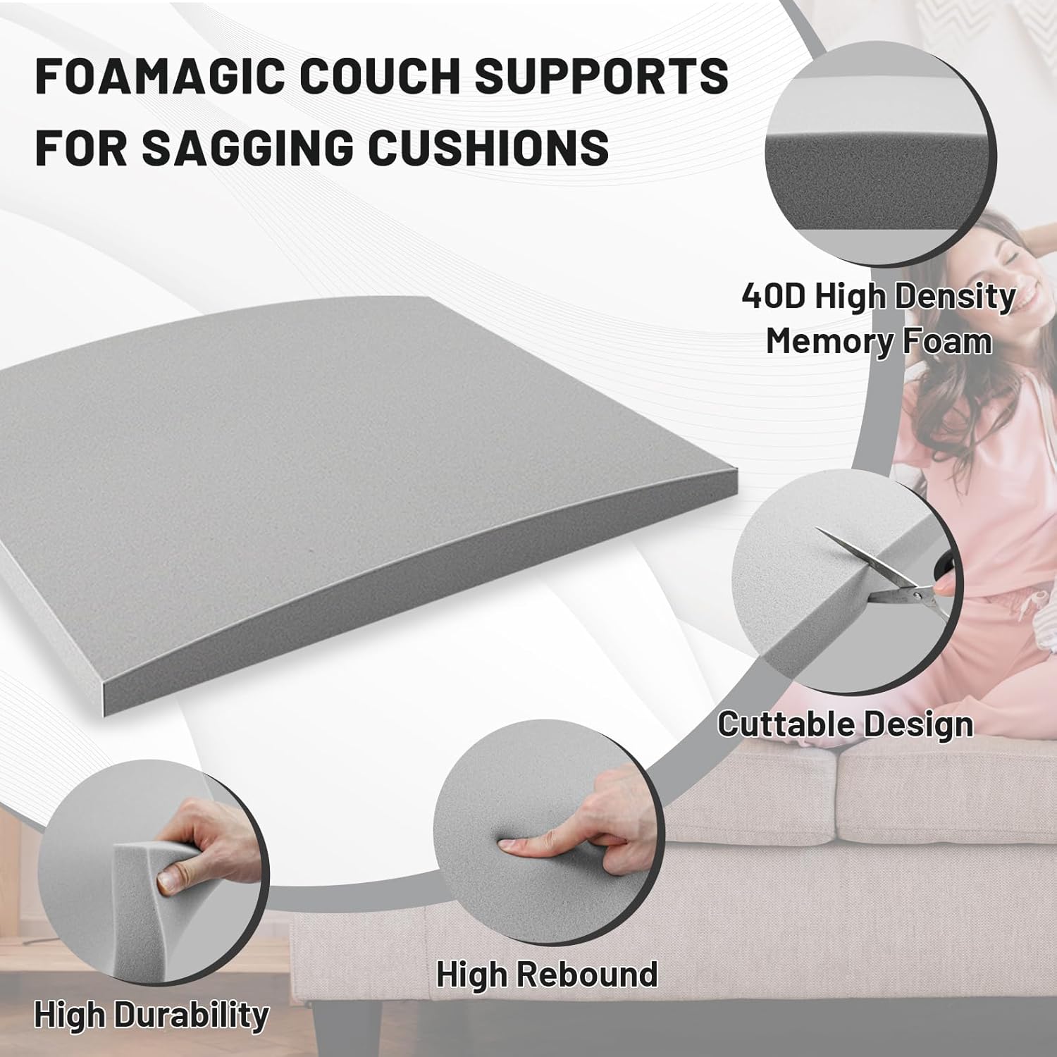Couch Cushion Support, Sofa Cushion Support for Sagging Couch Seat, Couch Replacement Insert, 20"x20"x2", High Density Foam Furniture Seat Sagging Repair, Trapezoid 40D, Grey Set of 3