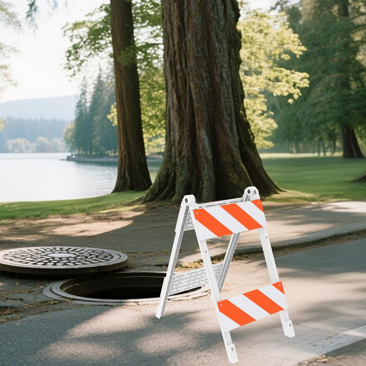 Type II Foldable Traffic Barricade, 1 Pack with Four 8"x24" Panels with Film, Folding Road Safety Barrier for Construction Zones and Traffic Control