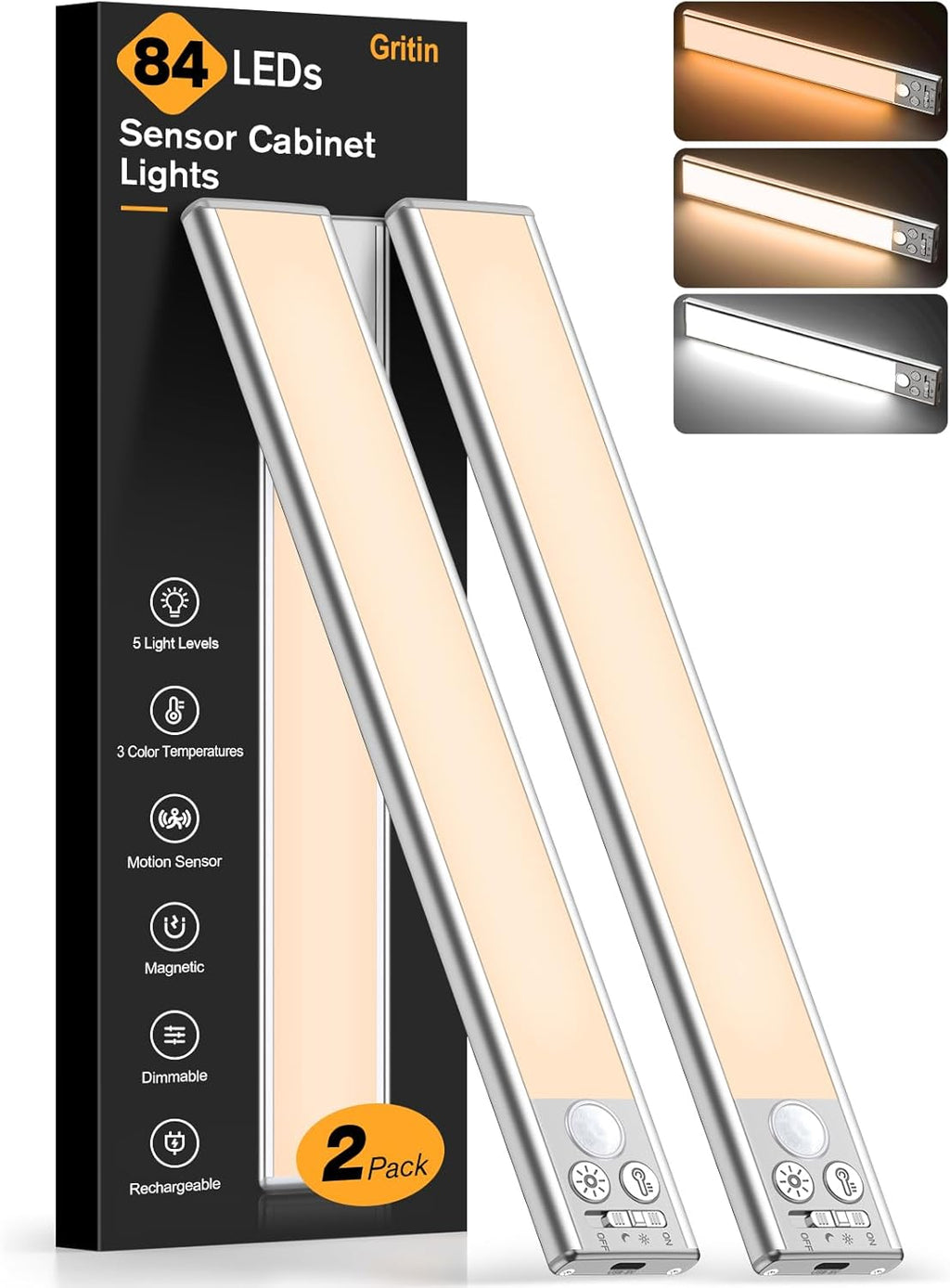 Gritin 10.2inch Under Cabinet Lighting Rechargeable -84 LED Super Bright,3-Color& 5 Level Brightness,4 Modes,Motion Sensor,Long Lasting- Easy Installation Magnetic Under Cabinet Closet Lights -2 Pack