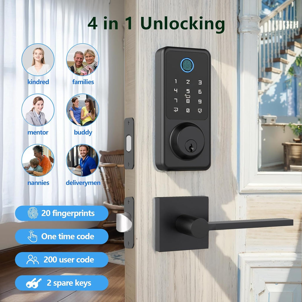 Smart Door Lock Set, Fingerprint Door Lock with Lever Handle, Black Keyless Entry Lock with App, Keypad Deadbolt for Home