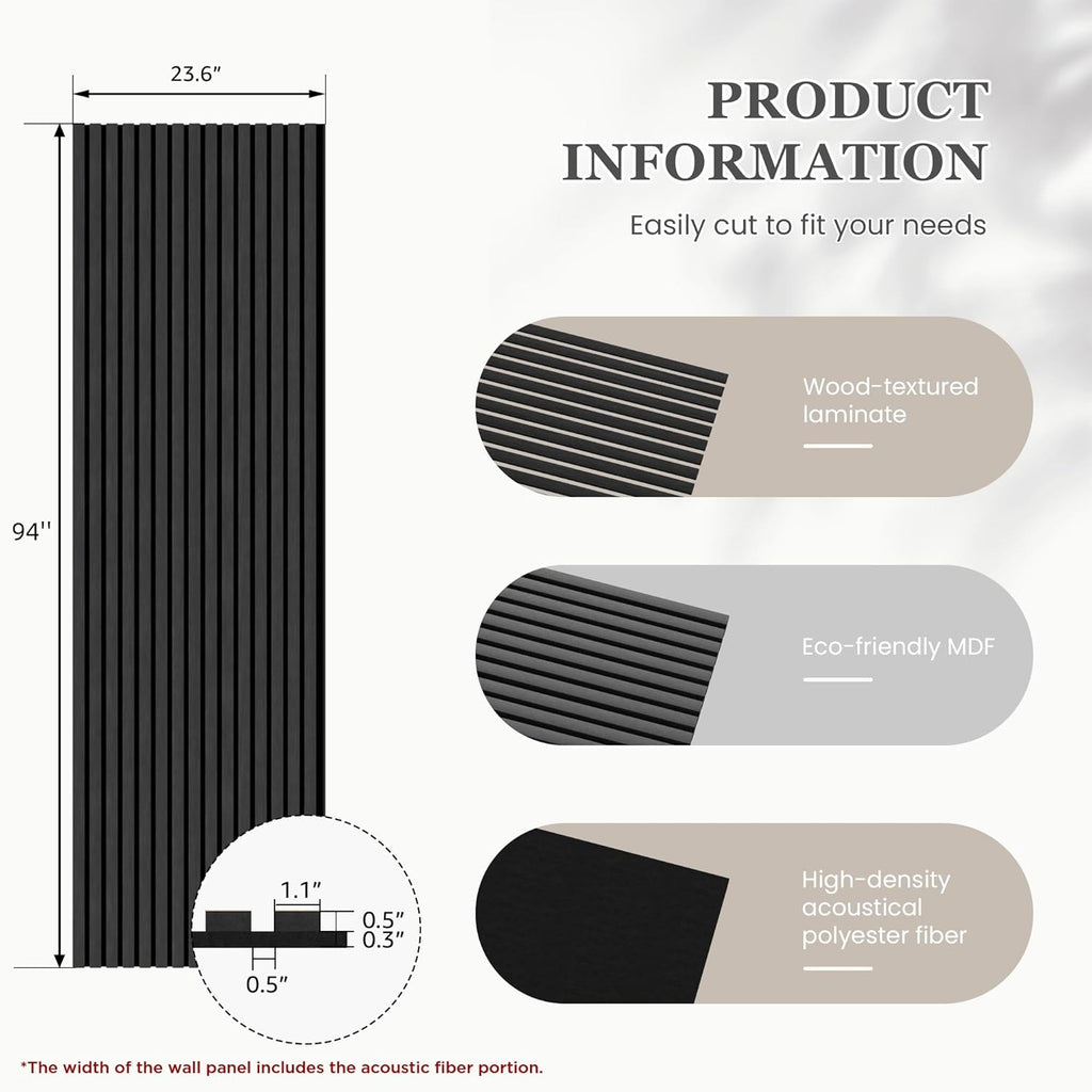 Wood Salt Acoustic Wall Panels, 2 Piece 94" x 23.6" x 0.8" Soundproof Wooden Wall Panels, 3D Fluted Sound Absorbing Panel, Matte Black