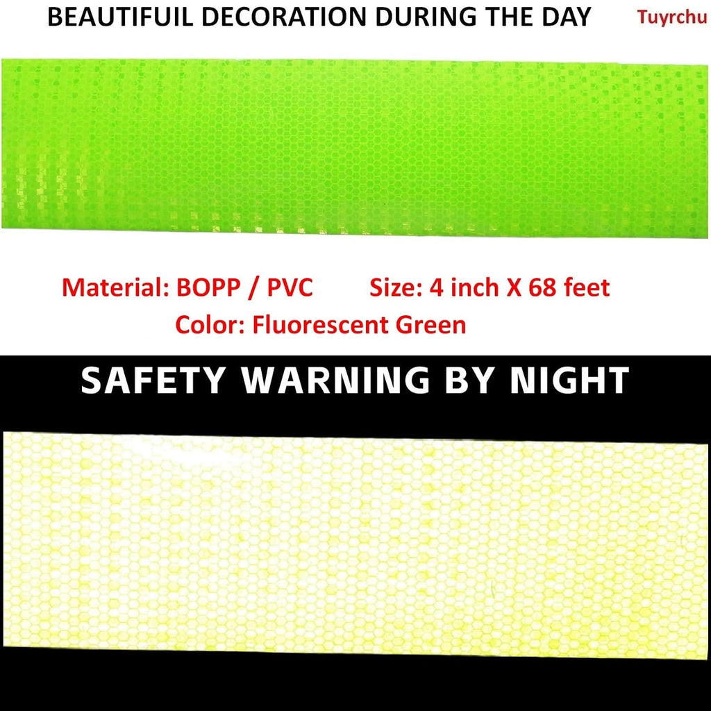 Fluorescent Green Reflective Tape 4 inch Wide, Outdoor Waterproof Safety Adhesive Stickers, High Visibility Industrial Marking Tape (68 feet)