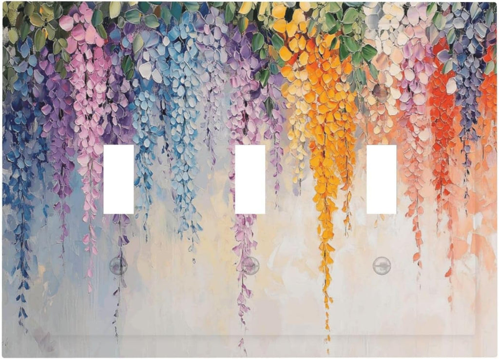 Colorful Wildflower Wisteria Cascade Floral Flower Decorative Switch Plates 3 Gang Wall Plate Triple Toggle Light Switch Cover Faceplate Electrical Wall Panels for Bedroom Living Room Decor