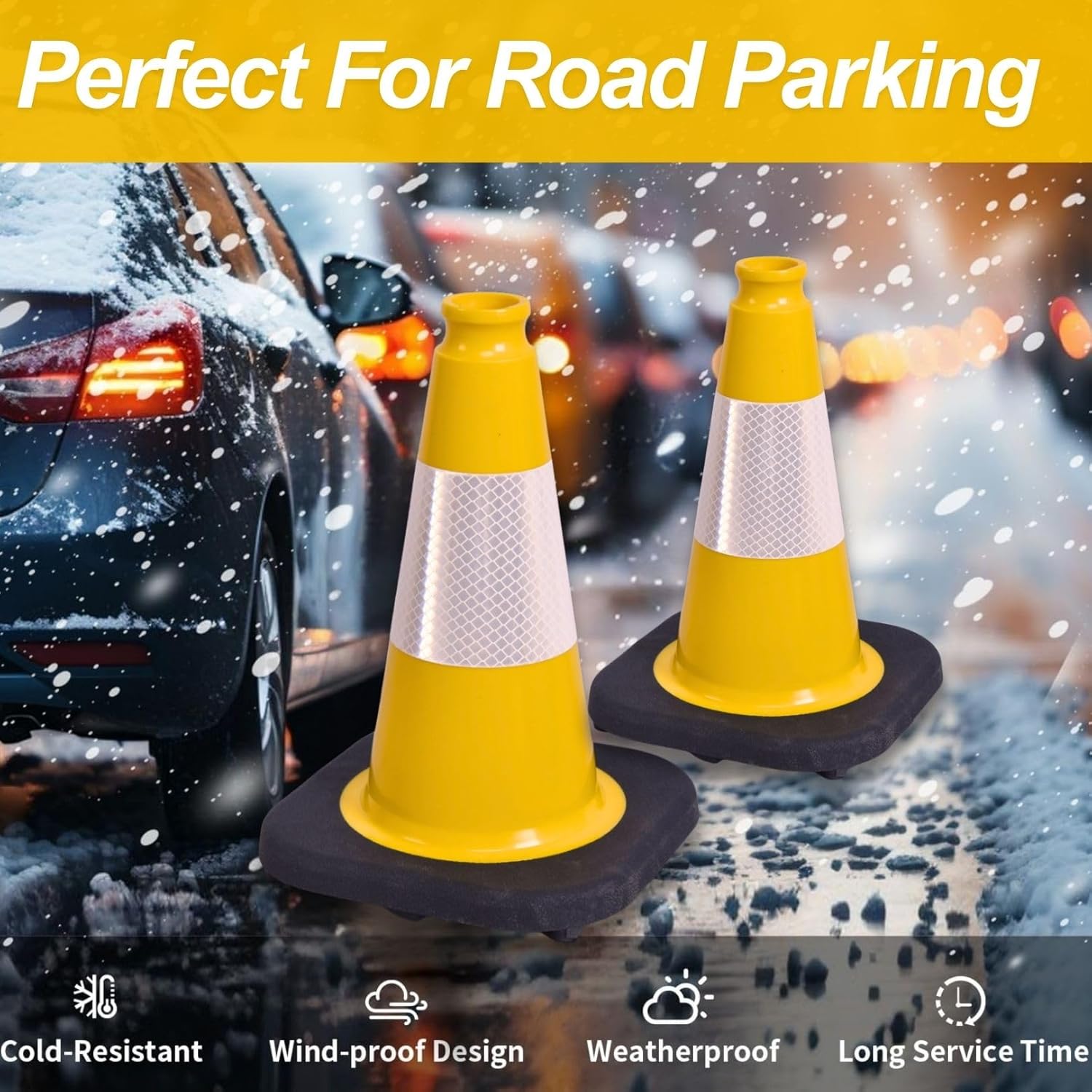 BESEA 4Pack 12 Inch Yellow Traffic Cones with 4 Inch Reflective Collar, Heavy Duty PVC Safety Cones with 8.5 x 8.5 Inch Base for Parking, Driving Practice, Sports Training, and Construction