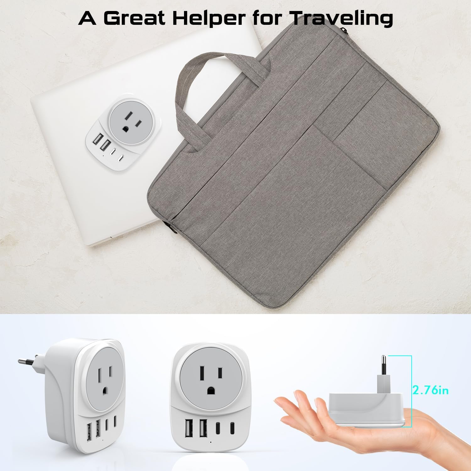 European Travel Plug Adapter,Universal Travel International Power Adapter 2 USBC Port and 2 USBA Port,Fast Charging USB C-C Woven Cable,USB C Power Plug for US to Europe Adapters for Multiple Devices
