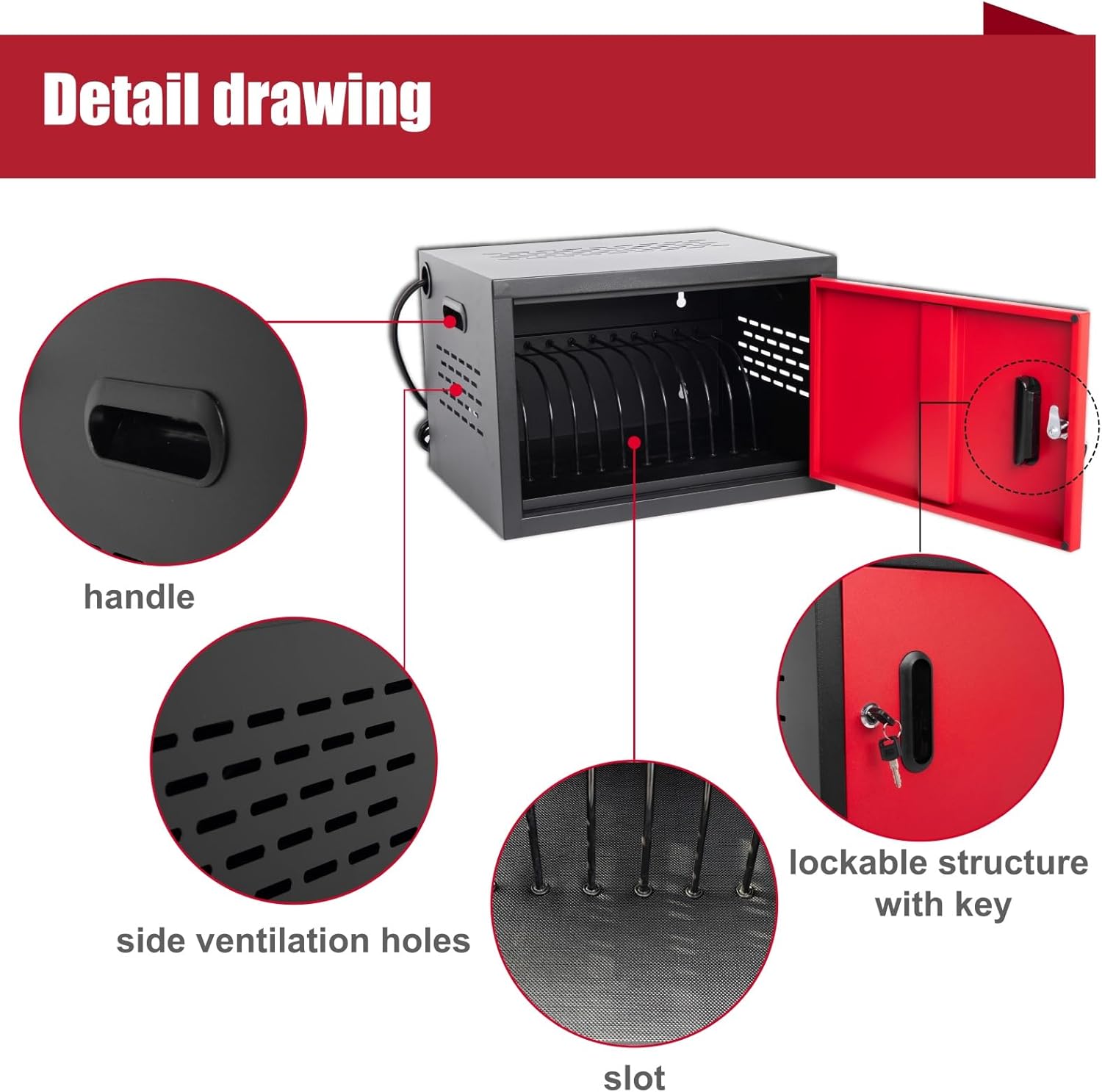 12 Bay Charging Cabinet for Laptop/Chromebook, Black Locking Charging Station with 12-Outlet Strip, Cable Clips, Grommet Holes & Wall-Mount 18.98" W×12.99" D×14.96" H for Office/Classroom
