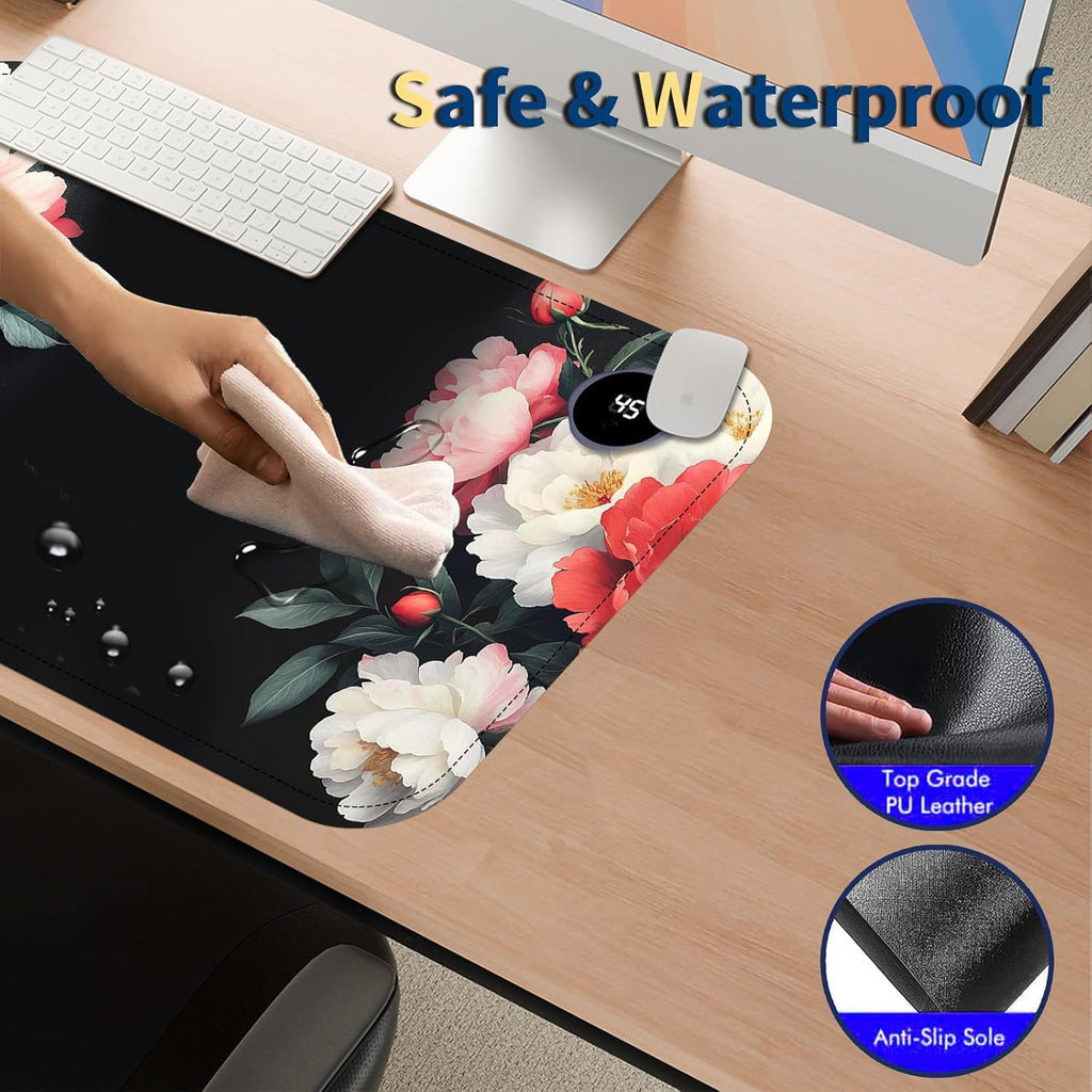 Heated Mouse Pad with 3 Temperature Settings(104°F–122°F),Large 24x14.2 Inch PU Leather Heated Desk Mat,Waterproof Warming Pad for Office,Gaming & Cold Hands Relief,Vintage Flowers