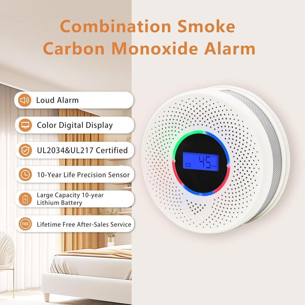 10-Year Battery Smoke and Carbon Monoxide Detector, 2-in-1 Smoke CO Alarm with Digital Display, Reliable Fire and CO Alarm for Home, Bedroom, Kitchen (1 Pack)