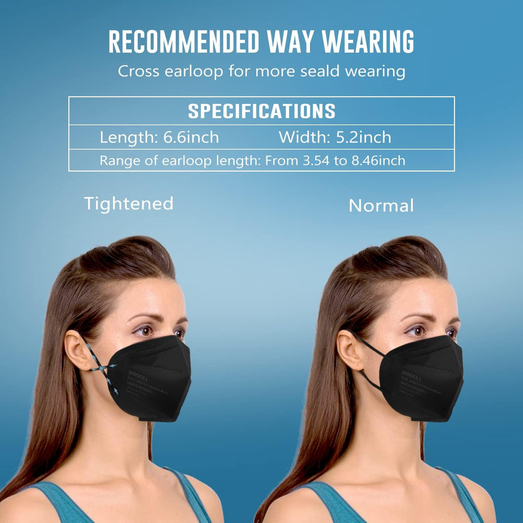 WWDOLL KN95 Face Masks 50 Pack, 5-Layer Breathable Disposable Respirator Mask for Adult Black