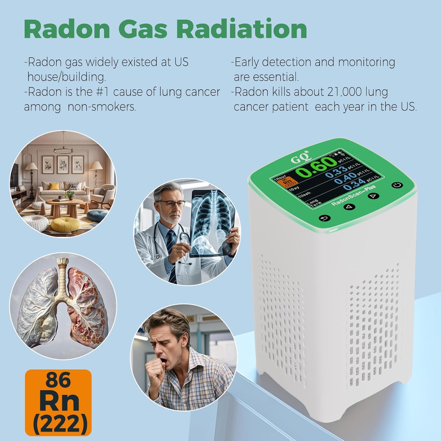 GQ RadonScan-Plus Radon Gas Digital Detector Worldwide Remote Monitoring Fast Accurate Detection Simple Color Display USA Design Real-time Data App Data Logging & Sharing