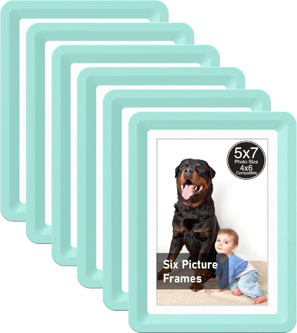 Green 5x7 Picture Frame with Acrylic Front 6 Pack, ABS Frame for 5x7 or 4x10 Photos, Shatterproof UV-Resistant Tabletop Photo Frame, Vertical/Horizontal Display for Home Décor