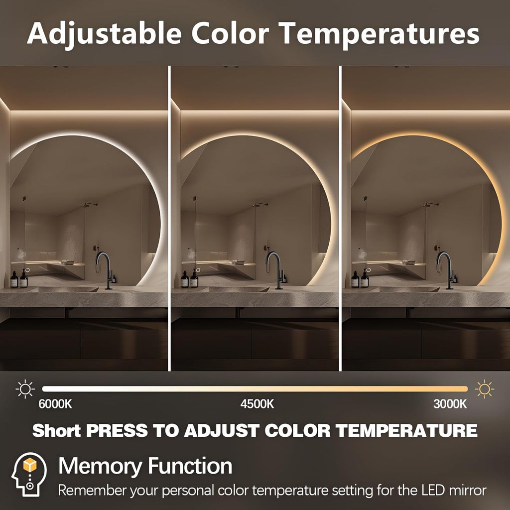 Niccy Half Moon LED Mirror for Bathroom, 44" Semi Backlit Mirrors Frameless Makeup Mirror with Light, Anti-Fog, Shatter-Proof, 3 Colors, Smart Vanity Mirrors