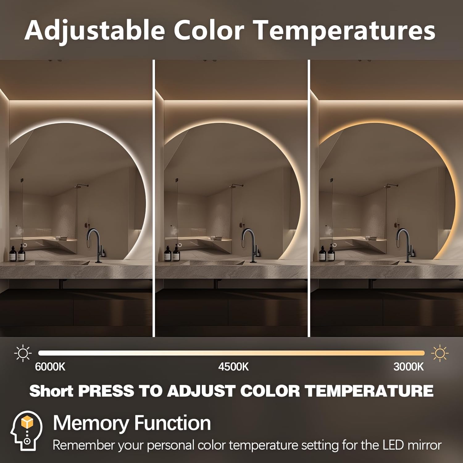 Niccy Half Moon LED Mirror for Bathroom, 44" Semi Backlit Mirrors Frameless Makeup Mirror with Light, Anti-Fog, Shatter-Proof, 3 Colors, Smart Vanity Mirrors
