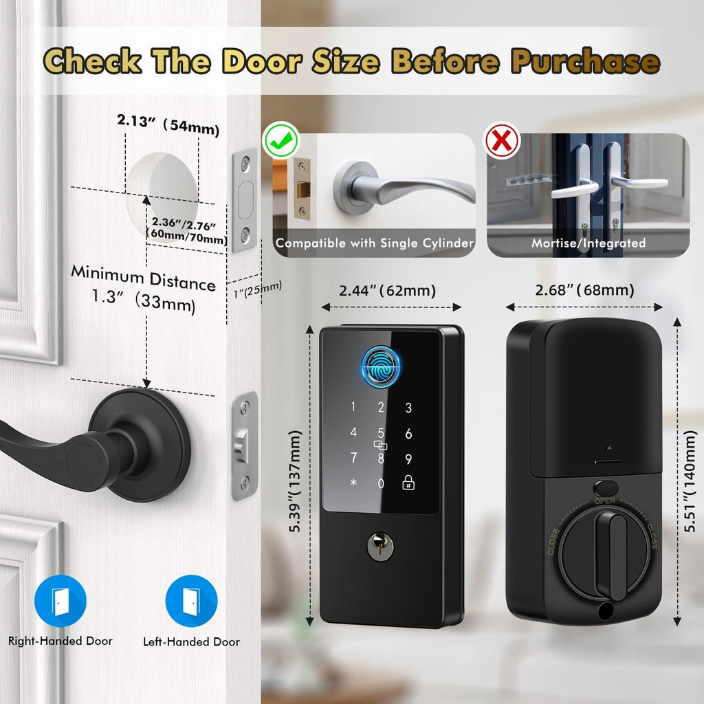 Smart Lock, Upgrade Keyless Entry Deadbolt Smart Lock with Keypad, Fingerprint Door Lock, Smart Locks for Interior Front Door, Biometric Digital Door Lock with Code App Control Auto Lock(Matte Black)
