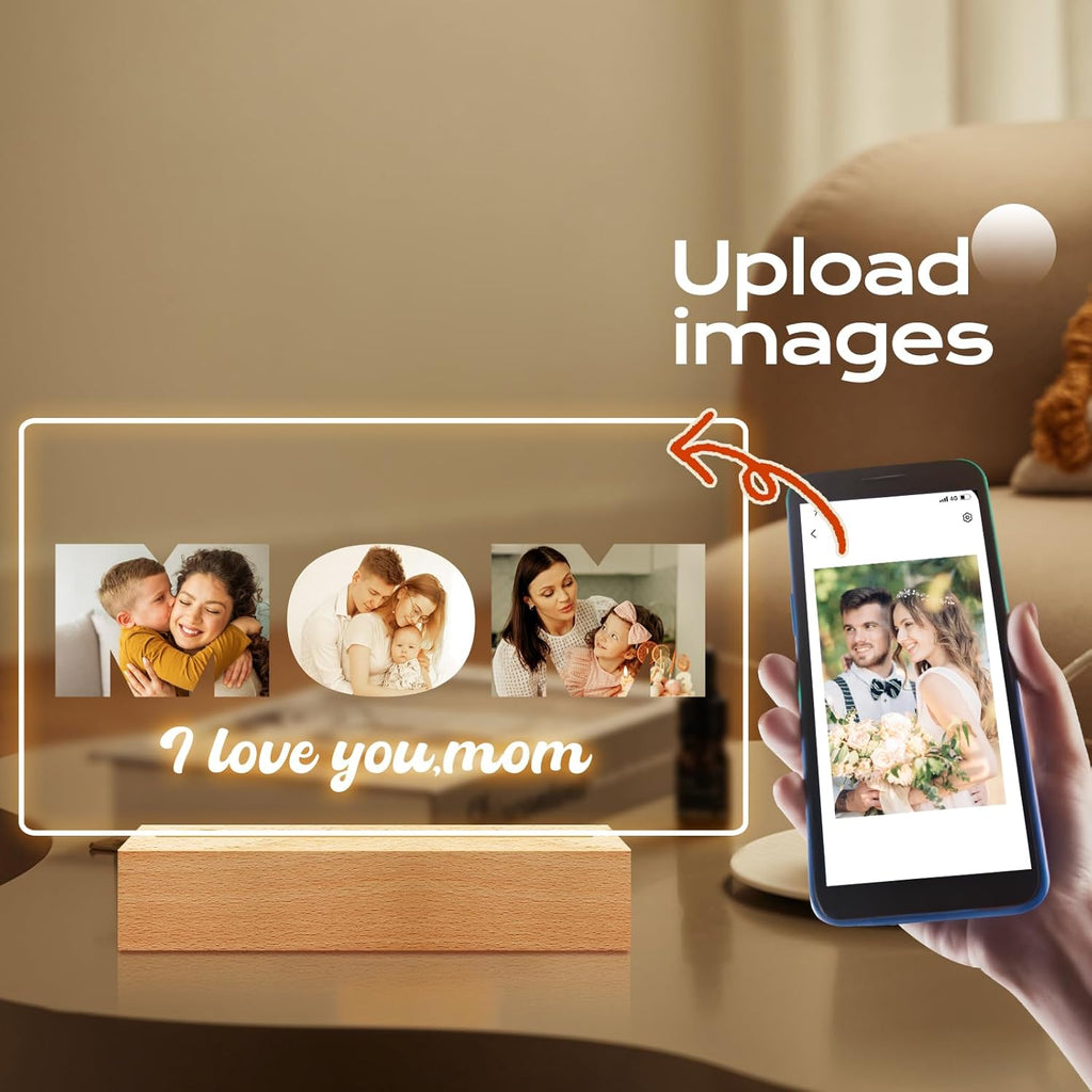 Custom Mom Picture Frame with Photo, Personalized Photo Frame with Night Light, Customized Picture Frames, Personalized Valentines Day Gifts for Mom from Daughter & Son