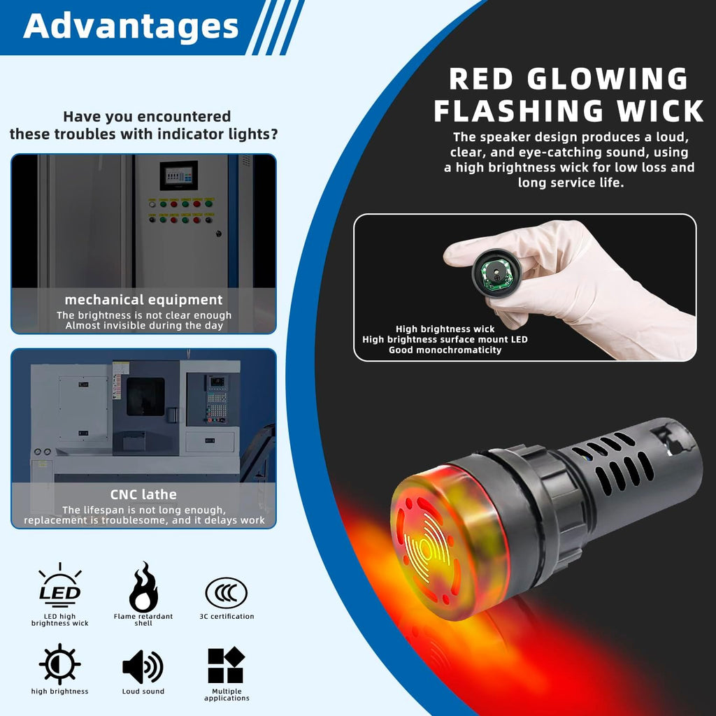 Indicator Light 12V Buzzer，10PCS 22mm Red LDE Flashing Buzzer AC/DC 12V Alarm for Electrical Control Panel