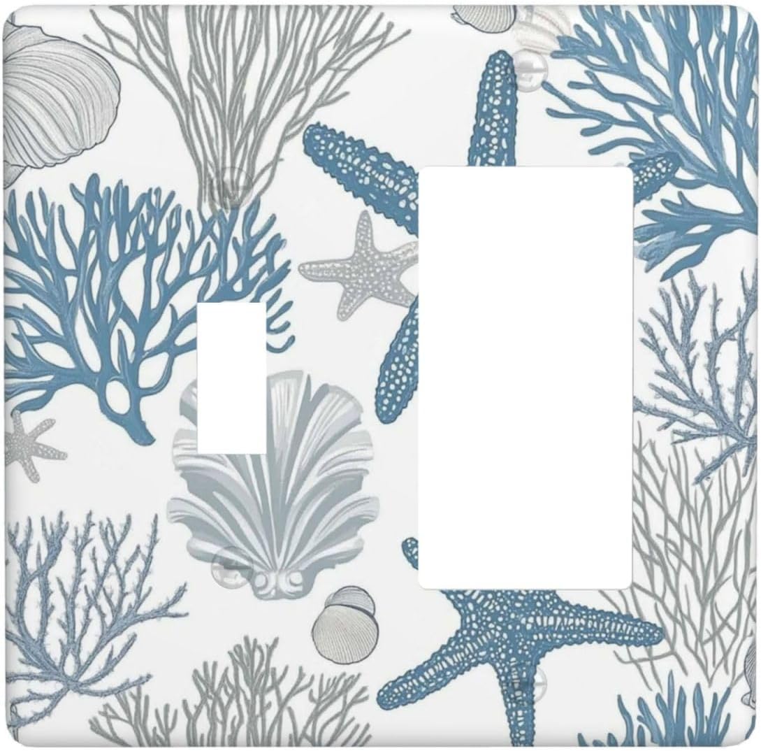Blue Starfish Nautical Beach Conch Coastal Coral Shell Outlet Covers 1 Toggle 1 Rocker Combination Decorative Wall Plate Electrical Switch Plates Light Switch Cover Plate For Kids Room Bathroom Decor