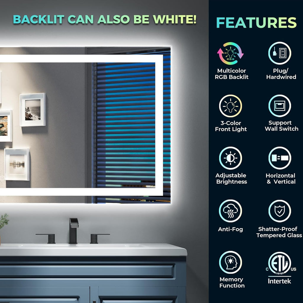 66x36 Inch RGB LED Bathroom Mirror Front Light and RGB Backlit Lighted Vanity Mirror for Bathroom Wall Mounted Dimmable Anti Fog Memory Shatter-Proof IP54 Waterproof Horizontal/Vertical