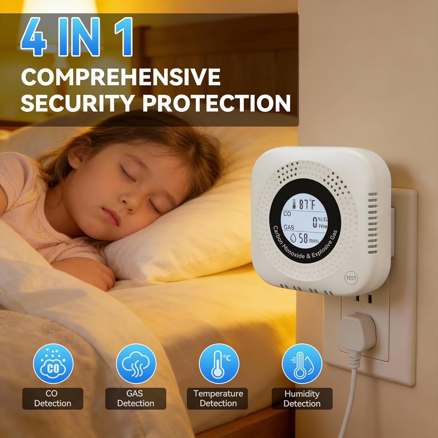 4-in-1 Natural Gas Detector and Carbon Monoxide Detectors(Plug in Used for one Carbon Methane Propane Alarms with Temperature and Humidity Monitors, Suitable for Kitchens, RVs, garages, Hotels White
