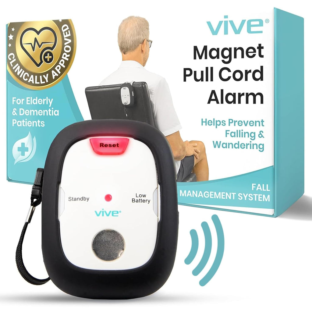 Vive Magnet Pull Cord Chair Alarm for Elderly Adults - Bed Alarm - Fall Prevention for Elderly Dementia Patients - String Exit Alert Detection for Caregivers Monitoring Seniors - Batteries Included