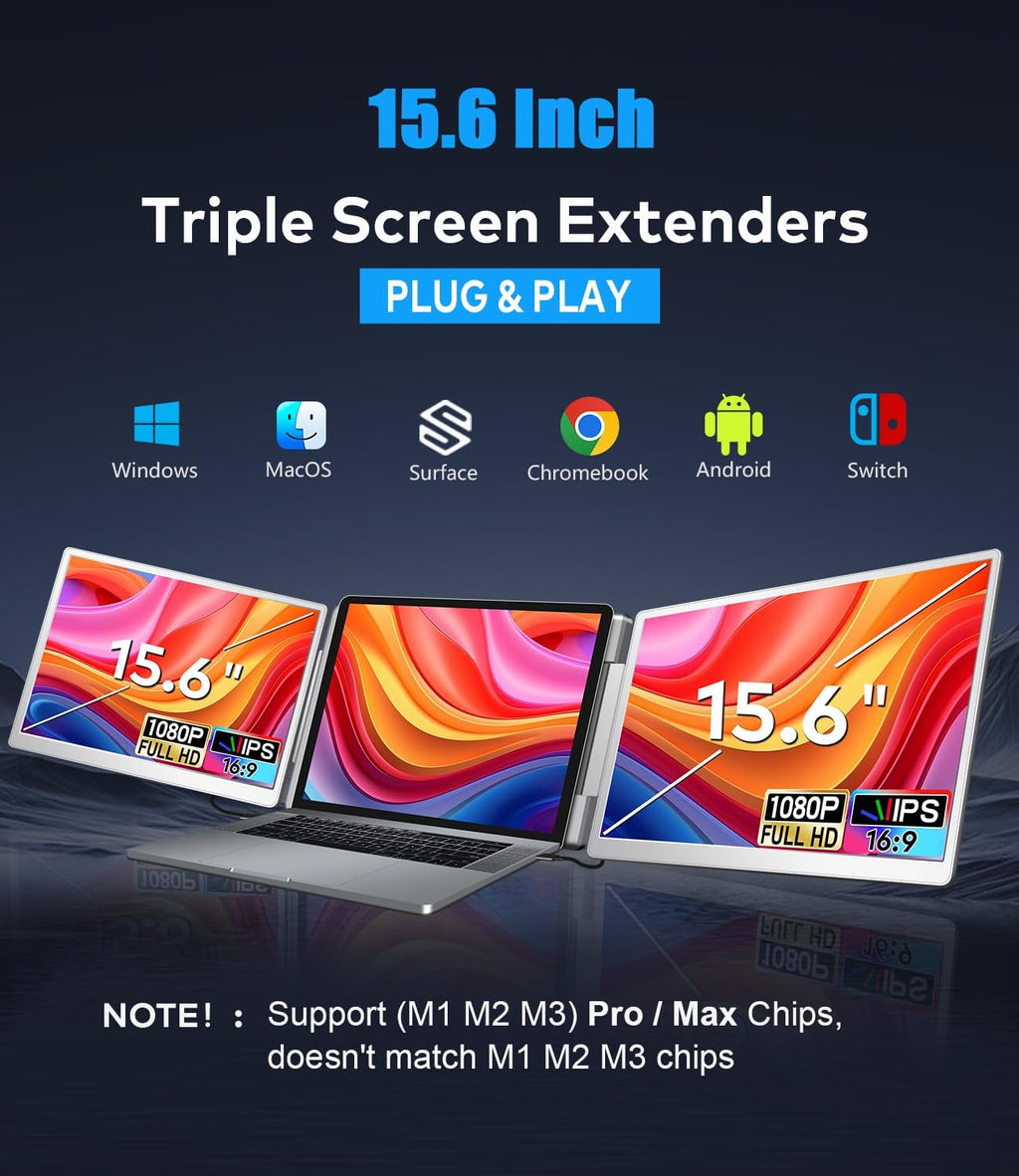 15.6" Laptop Screen Extender, Left Screen 360° Flip Triple Screen Monitor Extender, FHD 1080P IPS Portable Travel Monitor Display, fit for 12–18.5" Laptops, Compatible with Windows and MacBook-S10