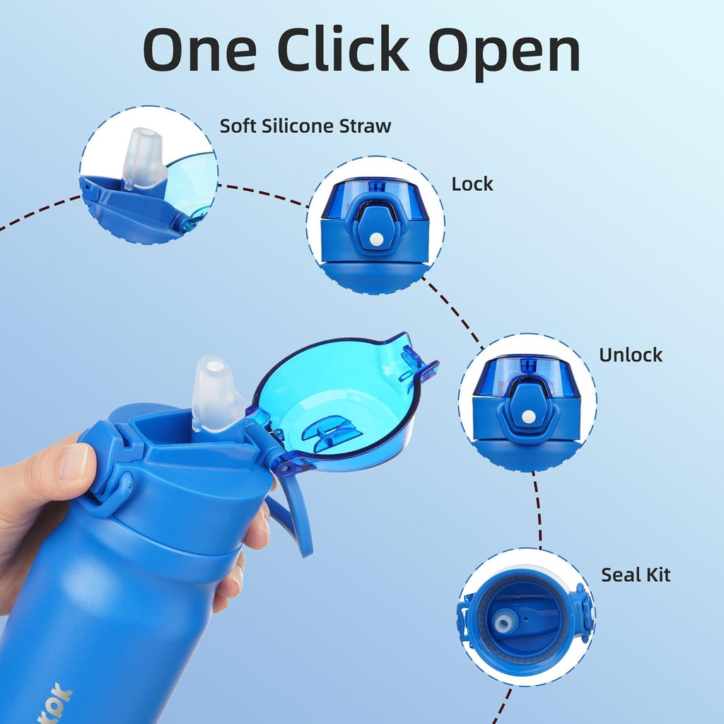 BJPKPK Insulated Water Bottle 14oz Stainless Steel Water Bottles with Straw and Carry Handle Double Wall Metal Thermal Flask,Blue