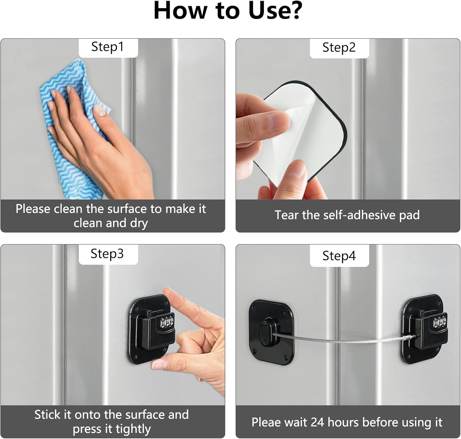 Refrigerator Lock, Heavy Duty Fridge Lock, Combination Lock for Refrigerator Cabinets, Drawers, Safety Lock, Easy Install No Keys Needed (Black-4Pack)
