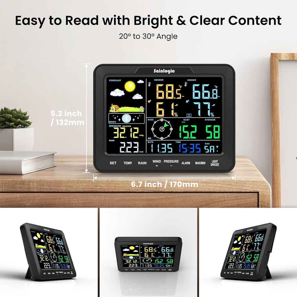 Sainlogic SA68 Home Weather Station with Weather Stations Wireless Indoor Outdoor and Rain Gauge Outdoor for Temperture,Humidity,Forecast,Pressure,Moon Phase,Alarm Clock for Bedroom,Black(No WiFi)