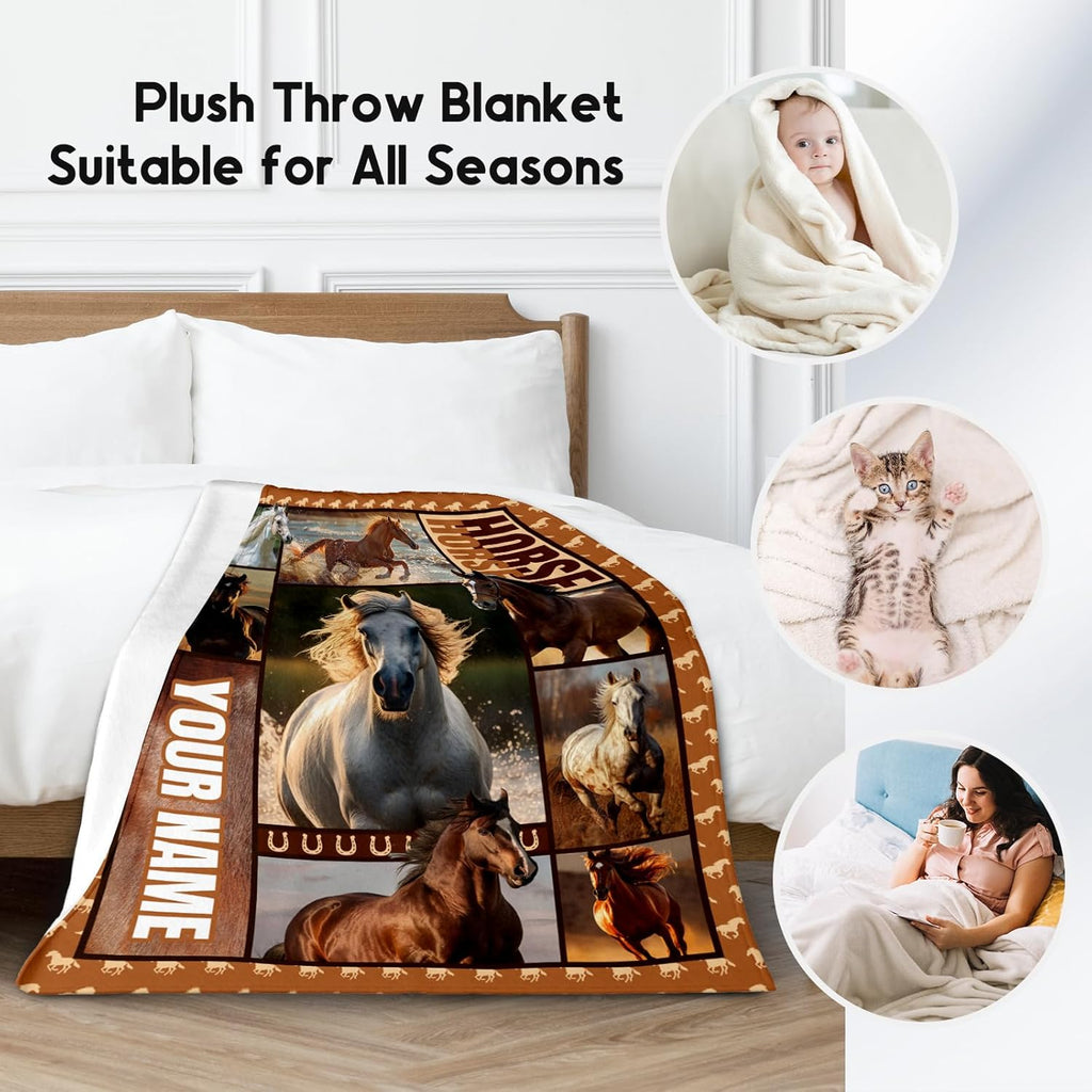 Custom Girls Blanket, Personalized Horse Gifts for Girl Ages 8-12 10-12, 60"x80" Kids Throw Blankets for Adults Women, Cowgirl Room Decor Western Throws for Animal Lovers