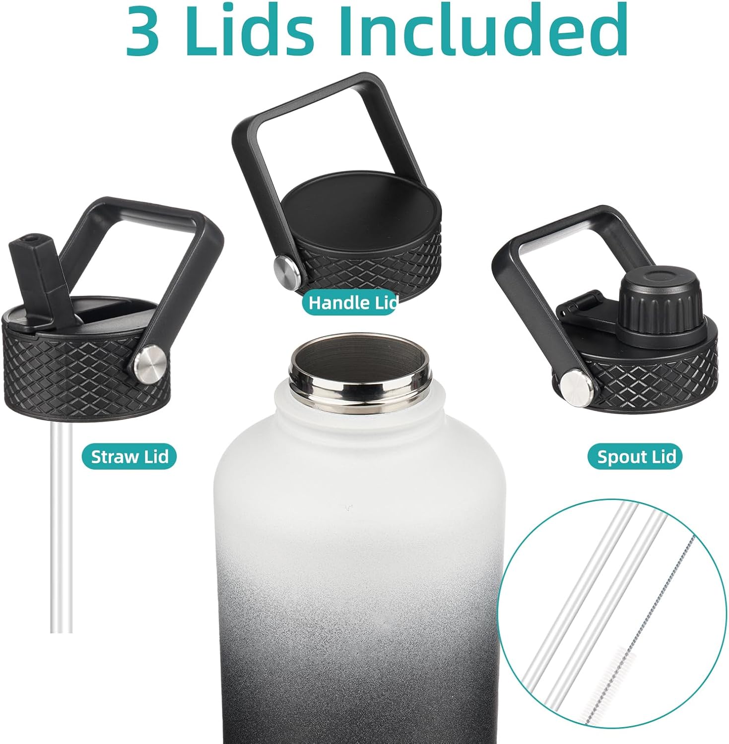 Insulated Water Bottle with Straw,50 oz 3 Lids Water Jug with Carrying Bag,Paracord Handle,Double Wall Vacuum Stainless Steel Metal Flask,Day Night