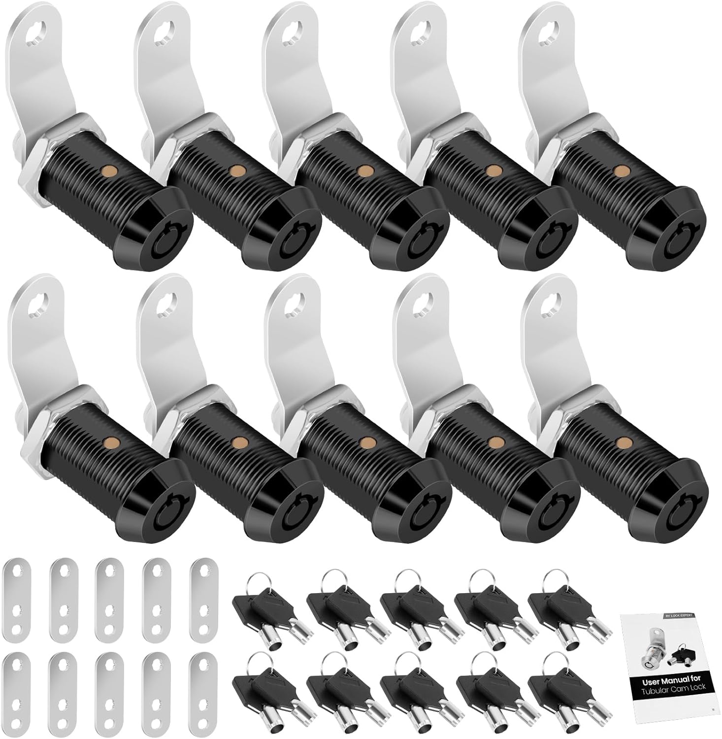 10 Pack Cabinet Lock with Keys, 1-1/8" RV Storage Lock Keyed Alike, RV Locks for Storage Door, Camper Cabinet Door Toolbox Lock Mailbox RV Cam Locks with Manual (Black -10 Pack, 1-1/8 Inch)