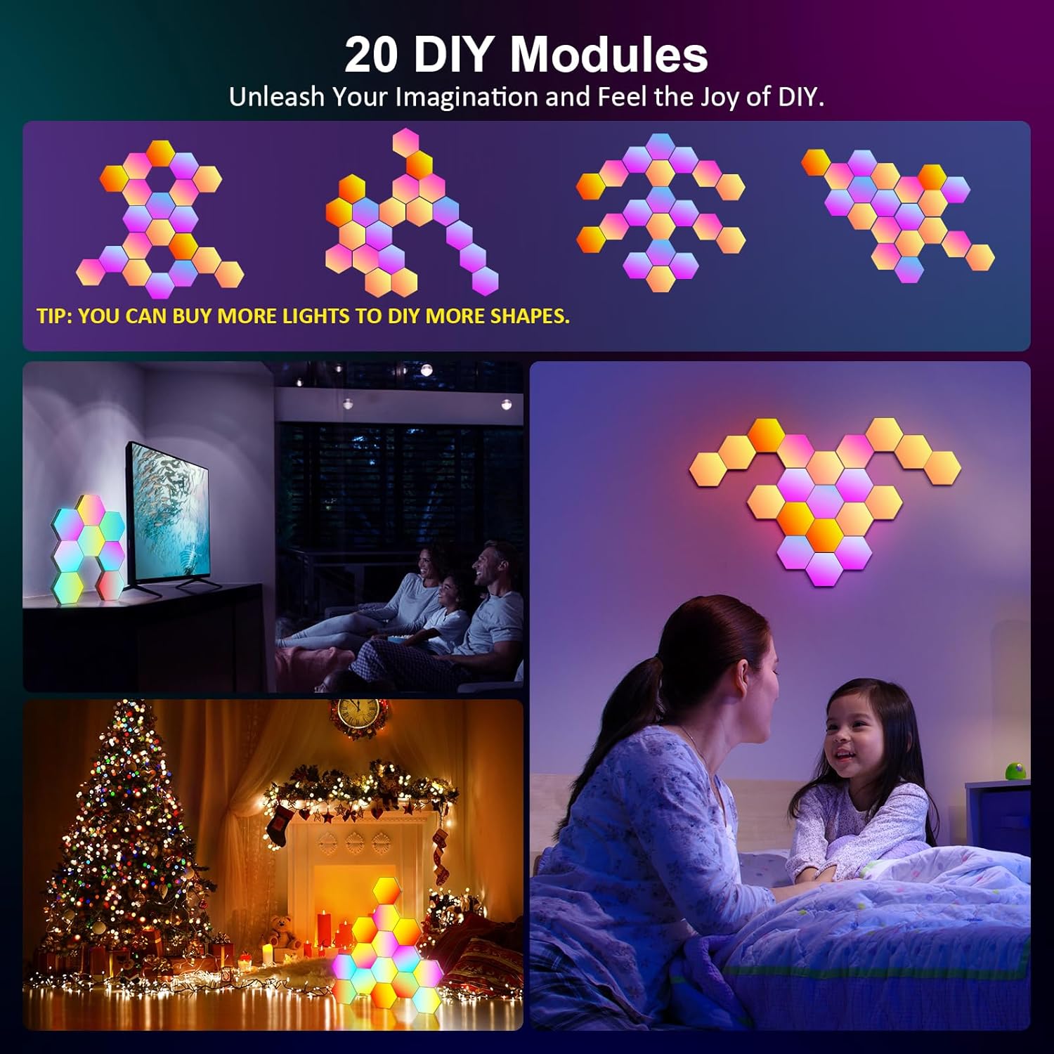 OJQ 20 Pack Hexagon Lights Wall RGB Panel - Hexagonal Led Lights Room Decor Wall Lights Birthday Decorations Gaming Equipment Honeycomb Shape Panels Hexagon Gaming Lights for Bedroom Children