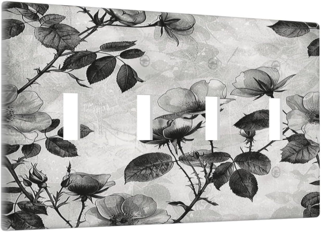 Light Switch Covers Black Breezy Watercolor Garden Floral Quad Toggle Electrical Faceplate 4 Gang Wall Plate Decorative Switch Plates for Bedroom Home Decor