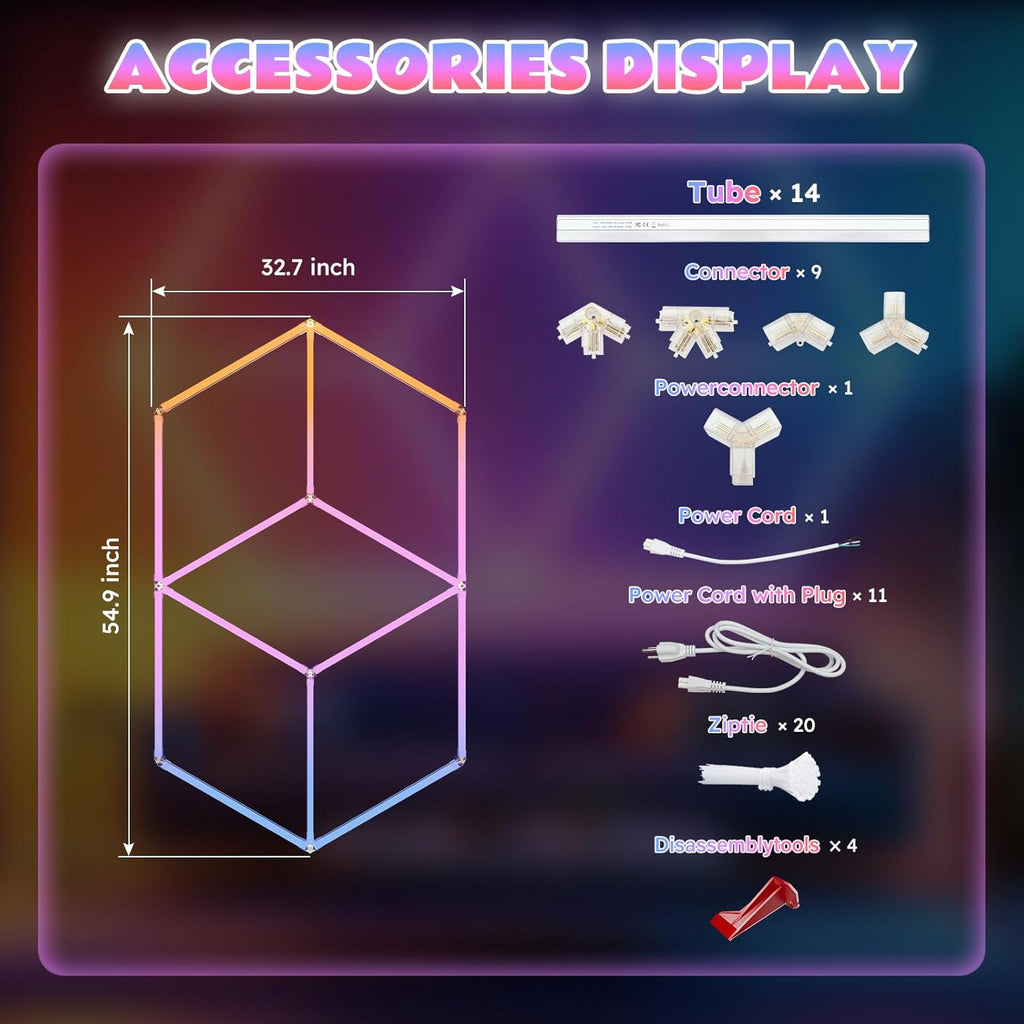 Hexagon Garage Lights RGB - Multicolor LED with Dimming,Speed Control, Perfect for Gaming Setups, Home Bars, Music Studios, DIY Home Gym Lighting