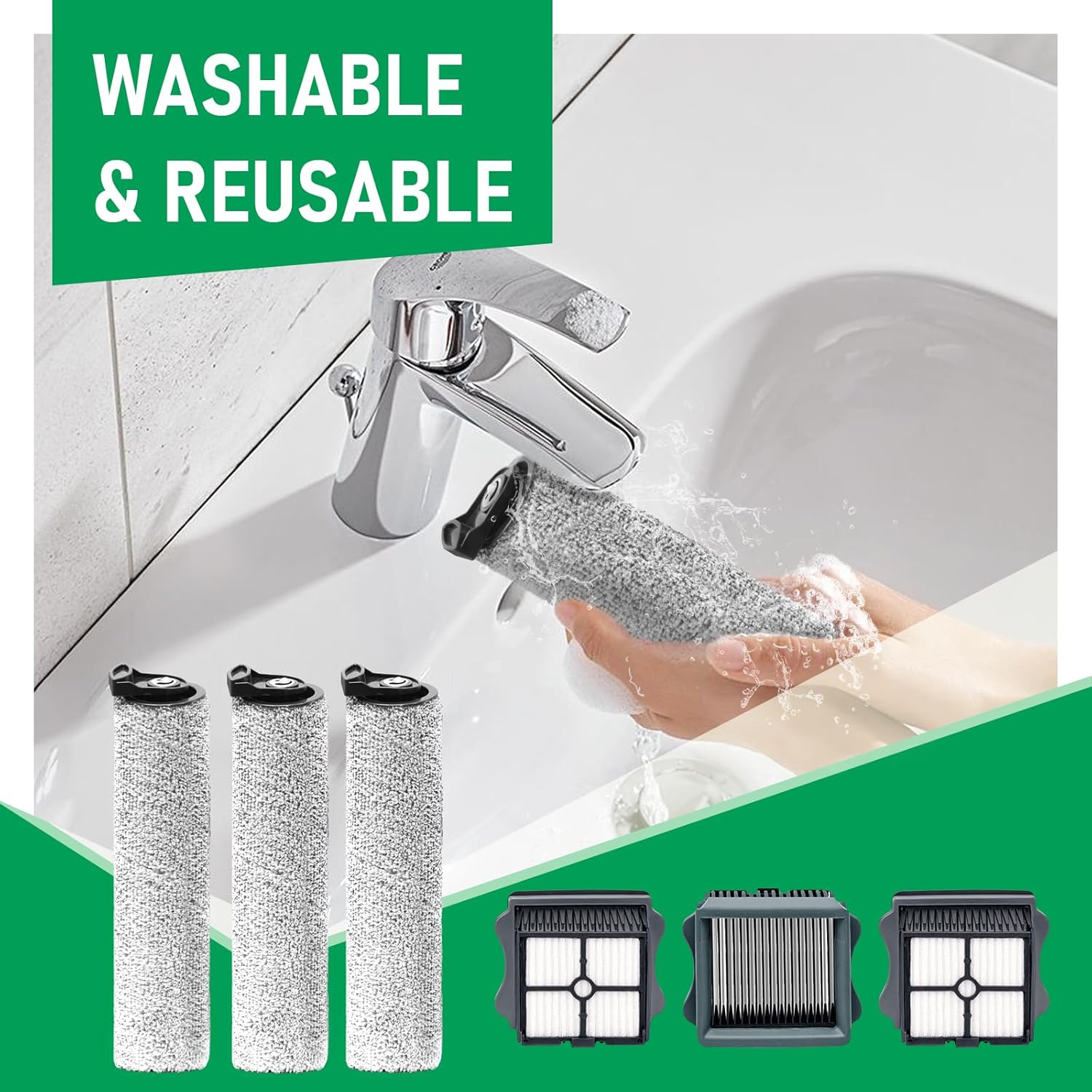 Only Floor ONE S5 Steam Roller Brush Replacement and Vacuum Filter Kit Compatible with Tineco Floor ONE S5 Steam Corded Wet Dry Vacuum Replacement Parts,3 Roller Brushes,3 Filters,1 Cleaner Brush