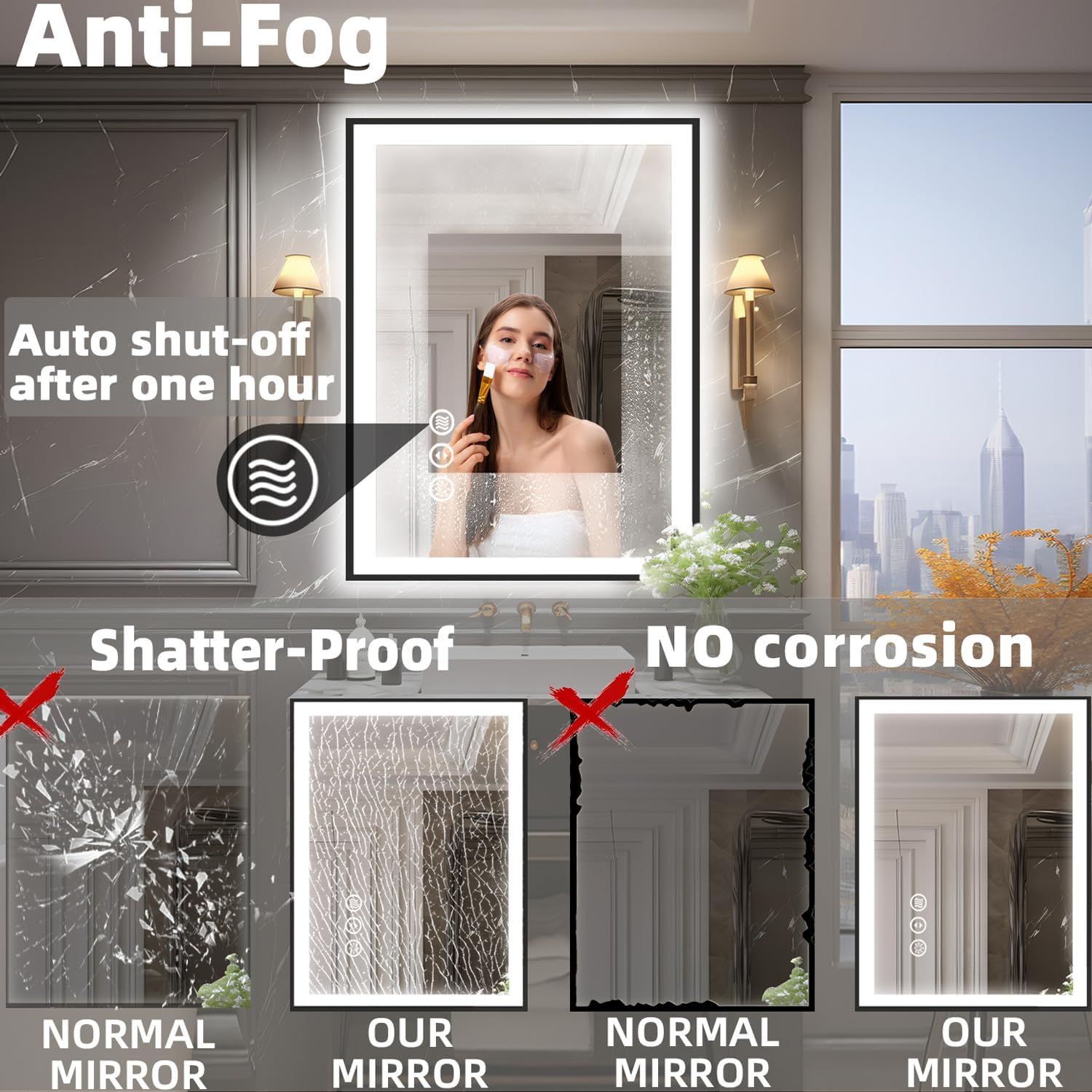 20x28 Light up Bathroom Mirror,LED Vanity Mirror,Black Framed,Backlit + Front Lit,3 Colors Dimmable,Anti-Fog,Shatter-Proof,Touch Control,Anti-Corrosion,Memory(Horizontal/Vertical)