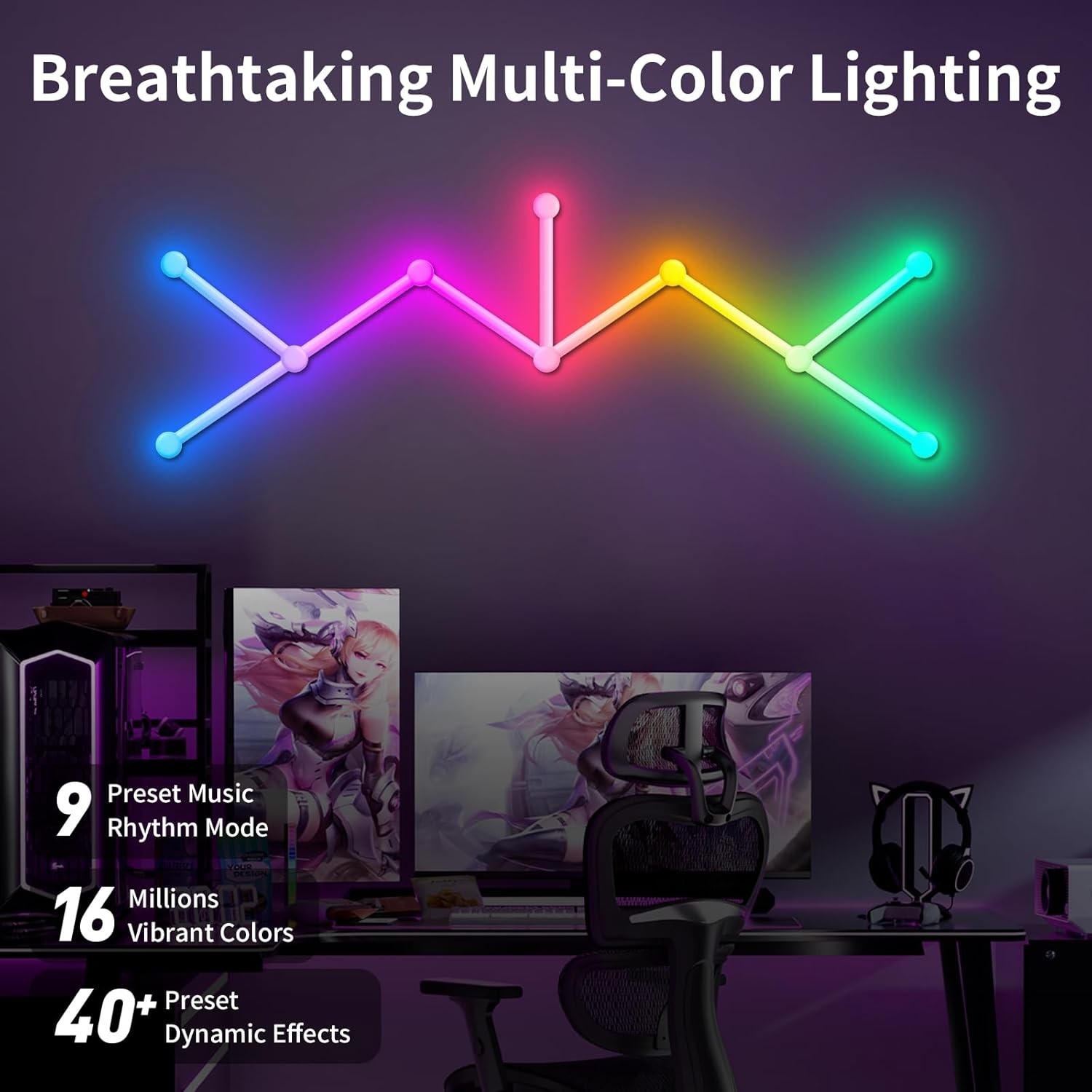 Smart WiFi RGB LED Wall Light Lines, Music Sync DIY Geometry Splicing Gaming Lights, 16M+ Color Changing Home Decor Lights Work with Alexa and Google Assistant for Game Room, Bedroom - 9 Bars