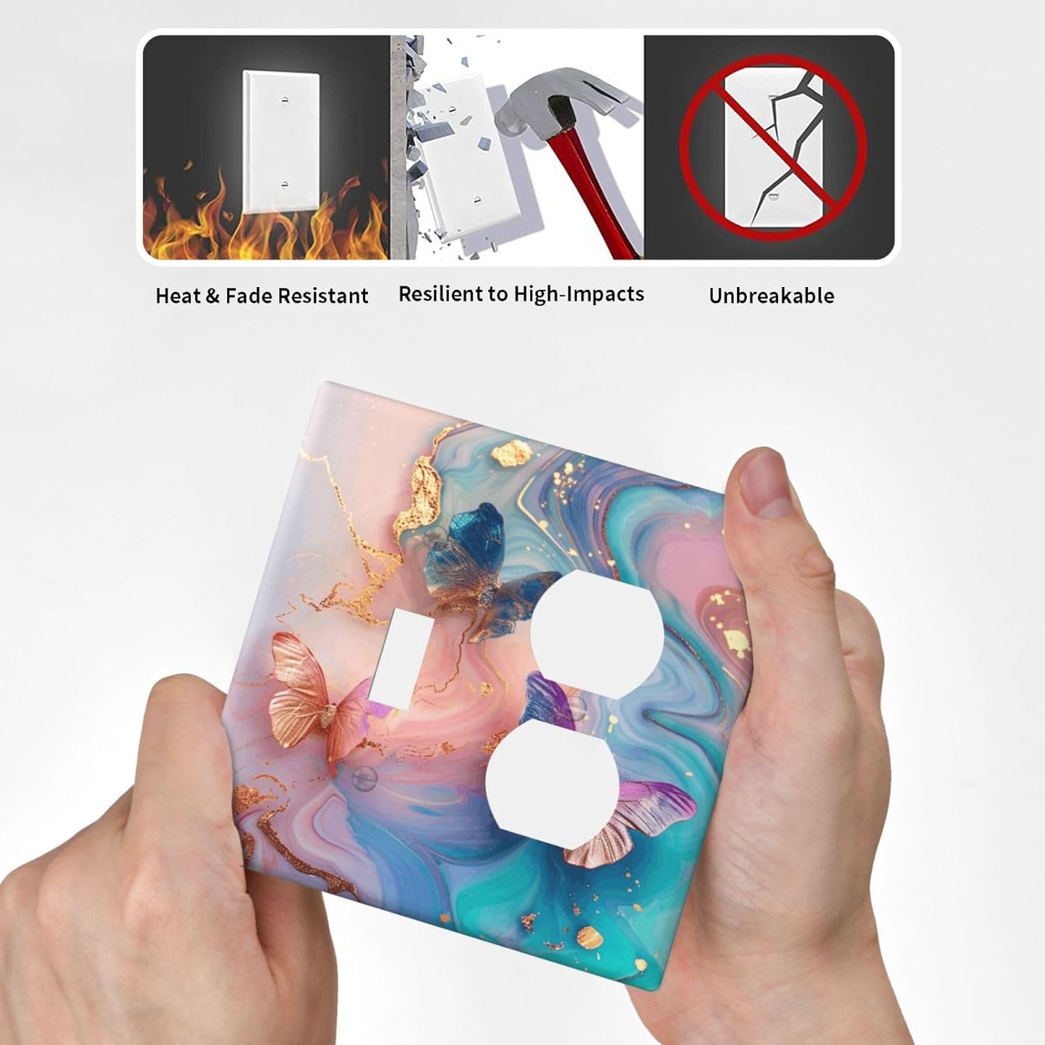 Colorful Marble Butterfly Gold Glitter Abstract Print Wallplates 1 Toggle 1 Duplex Switch Plate Electrical GFCI Faceplate Decorative Light Switch Covers for Bed Room Living Room Decor