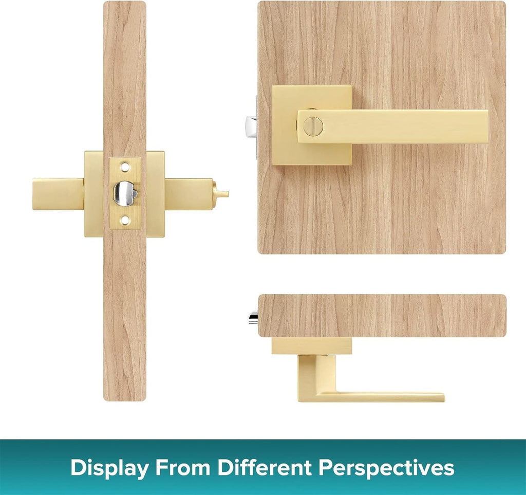 3 Pack Privacy Gold Door Knob Keyless Square Heavy Door Levers, Bed/Bathroom Door Handle Exterior Doorknob with Button for Bedroom or Bathroom