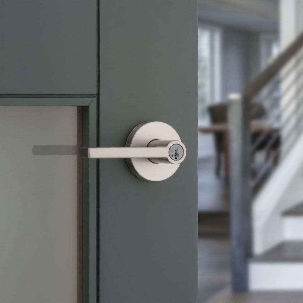Kwikset Halifax Entry Door Handle with Lock and Key, Secure Keyed Reversible Lever Exterior, for Front Entrance and Bedrooms, Satin Nickel, 4 Pack, Pick Resistant SmartKey Rekey Security and Microban