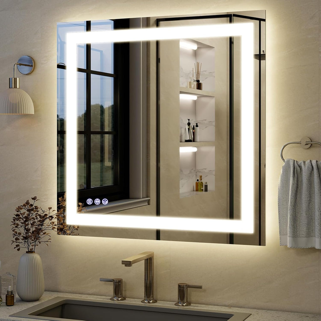 VooBang Bathroom Mirror with Lights 47 x 47 inches - 3 Adjustable Lighting Modes LED Bathroom Vanity Mirror, Anti-Fog, Memory Function, Tempered Glass, Wall Mounted Horizontally Vertically